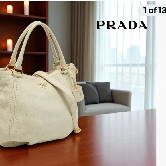 PRADA AUTHENTIC PEBBLED CREAM LEATHER HANDLE/CROSSBODY GOLD HARDWARE - Picture 1 of 12